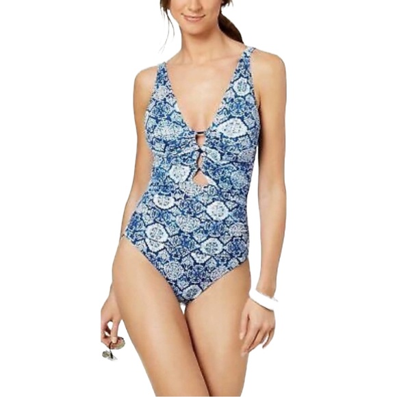 LAUREN Ralph Lauren Aegean Tile Loop Front Over The Shoulder One-Piece Swimsuit - Picture 6 of 14